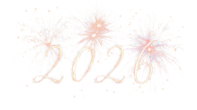 number calendar new year 2026 with bright fireworks isolated on white or transparent png