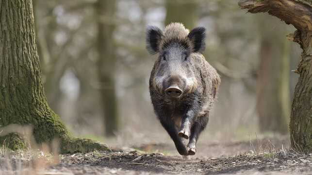 ferocity. A wild boar charging through dense forest undergrowth, its tusks scraping against tree bark in dappled sunlight. wildlife magazines.