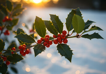 A close-up of a holly branch with bright red berries and green leaves against a snowy background at sunset.