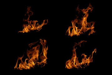 Blazing fire and glowing flames on a dark background perfect for creative design and visual effects.
