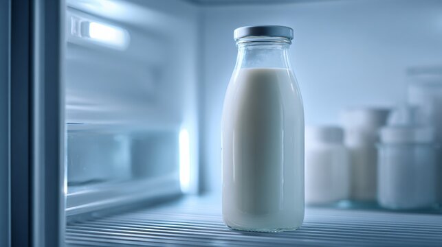 A bottle of milk in fridge setting, clean modern vibe
