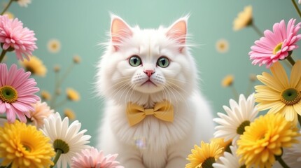 Adorable fluffy white kitten wearing a yellow bow tie surrounded by colorful flowers