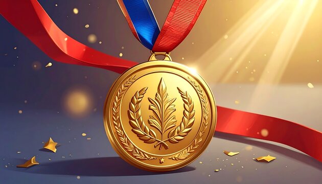 A gold award medal hangs from a red and blue ribbon, with light rays and golden confetti - Powered by Adobe