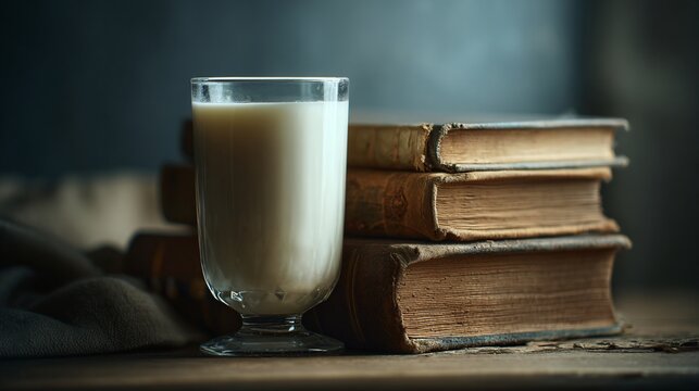 A glass of milk beside stack of books, nostalgic home tone