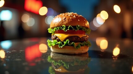 Delicious double cheeseburger with lettuce and tomato on a bun