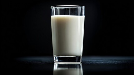 A glass of milk on reflective black surface, high contrast lighting