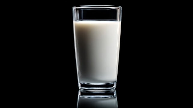 A glass of milk on reflective black surface, high contrast lighting