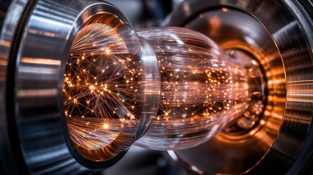 Light fiber paths illuminated optical networks flowing through transparent cylindrical conduits creating interconnected constellation patterns with warm copper glow
