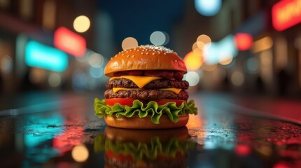 Delicious double cheeseburger with lettuce and tomato on a wet city street at night