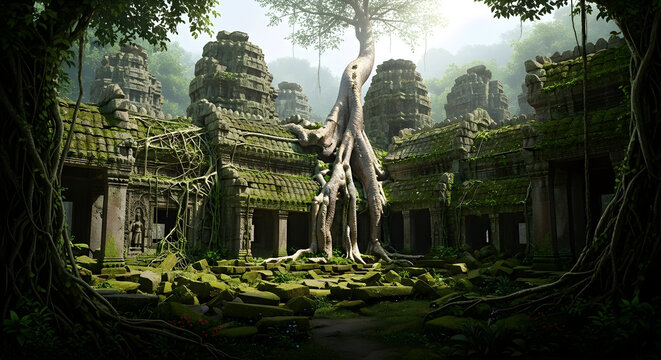 An ancient temple ruin with a large tree growing on top surrounded by lush green vegetation and moss