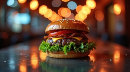 Juicy gourmet burger with melted cheese and fresh lettuce in a restaurant setting