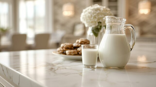 A milk glass on marble countertop, elegant neutral palette