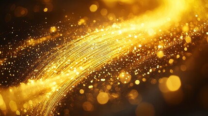 Curved cable macro close-up fiber optic light transmission strands golden yellow warm white illumination flowing arc bundle structure particles