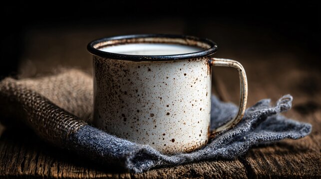 A milk in enamel mug, rustic farmhouse vibe