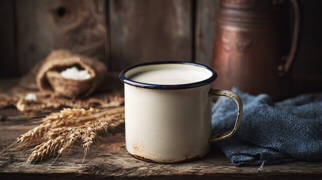 A milk in enamel mug, rustic farmhouse vibe