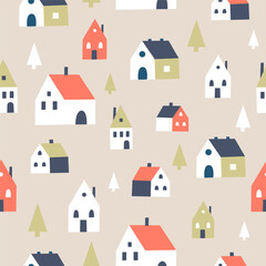 Knitted winter pattern with houses and Christmas trees on a beige background