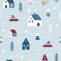 Seamless festive pattern winter village