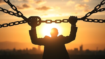 Business professional silhouette against a sunset sky with broken chains, freedom theme.