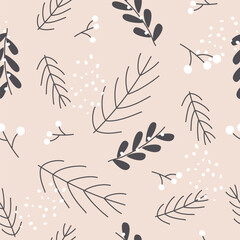Christmas pattern with spruce or pine branches, juniper with berries, on beige background