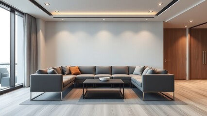 Modern office lounge with sleek furniture and a sophisticated neutral palette, arranged in a dynamic diagonal composition.