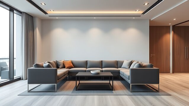 Modern office lounge with sleek furniture and a sophisticated neutral palette, arranged in a dynamic diagonal composition.