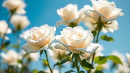 Obraz premium Close-up of white roses against a blue sky, bathed in natural sunlight with soft shadows for a serene spring aesthetic.