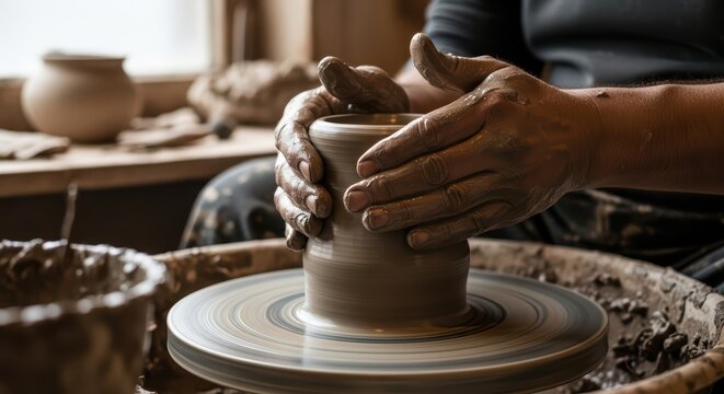 Caucasian male potter shaping clay on wheel in artisan workshop