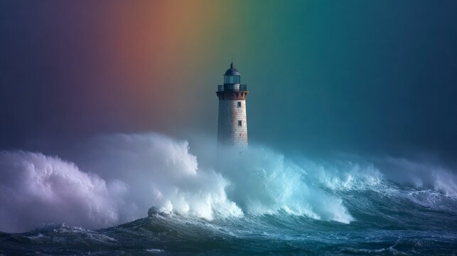 Lighthouse amidst stormy waves and rainbow