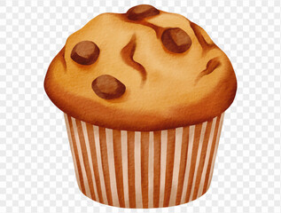 Watercolor chocolate chip muffin bakery illustration for Thanksgiving breakfast. Vector.