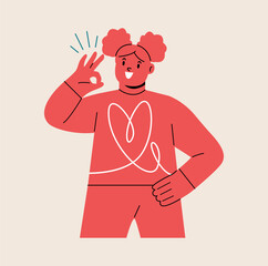 Girl is giving an ok sign. Colorful vector illustration