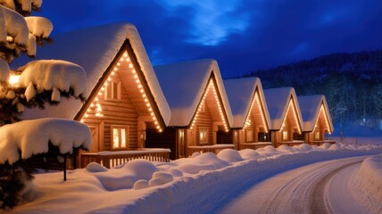 Cozy wooden cabins decorated with christmas lights in a snowy landscape at night