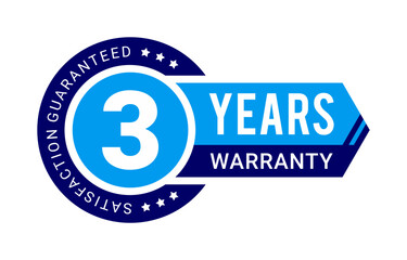 Modern 3 years warranty badge vector with satisfaction guaranteed label in blue color with ribbon and arrow