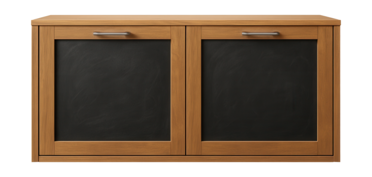 A sideboard with chalkboard doors for fun messages in a family kitchen.