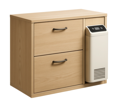 A shoe cabinet with a dehumidifier, perfect for basements, keeps shoes dry and protected.