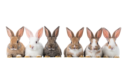 Six rabbits of varied colors are lined up, centered