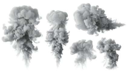 Collection of gray smoke puffs isolated against a black background