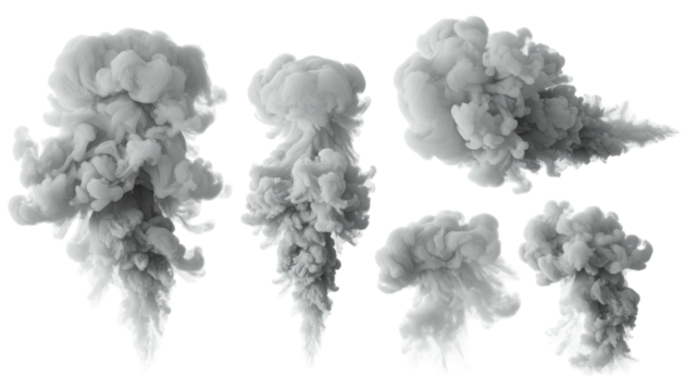 Collection of gray smoke puffs isolated against a black background