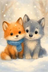 Obraz premium Watercolor Adorable Fox and Wolf Cub Illustration With Winter Snow Scene