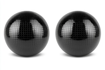 Glossy black disco balls front view isolated on white background for modern party decoration and 3d design element showcase