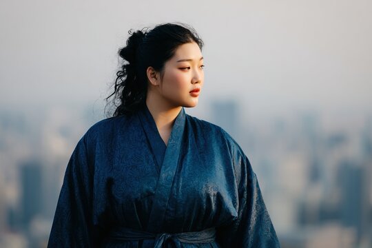 Elegant Asian woman wearing traditional blue patterned kimono standing outdoors with city background in morning light
