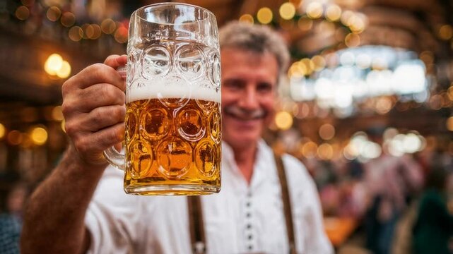Man holding beer mug at Oktoberfest, cheerful atmosphere of tradition, community and festive culture