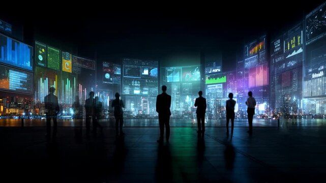 Group of people standing in immersive digital environment surrounded by futuristic data displays and blue holograms