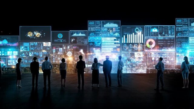 Business team analyzing digital data in futuristic control room, technology innovation and analytics concept