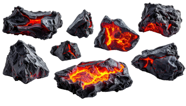 Molten lava rocks radiate heat against a stark black backdrop