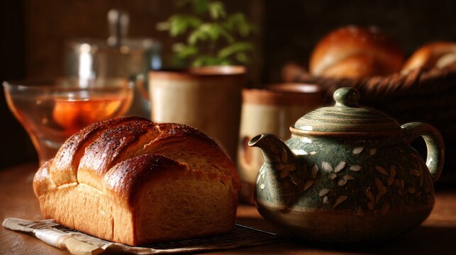 A loaf cooling beside tea pot, warm composition