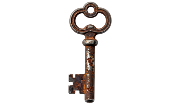 Rusty antique key against black background, centered object