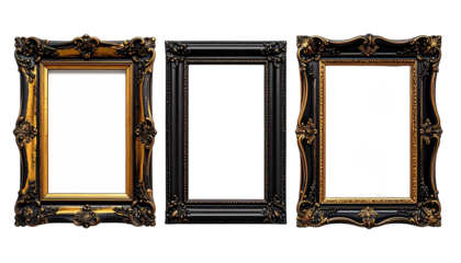 Three ornate picture frames, one empty, on a black background
