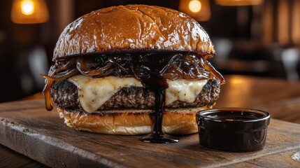 Premium gourmet burger with balsamic reduction glaze dripping down melted cheese and caramelized onions, served on wooden cutting board in upscale restaurant