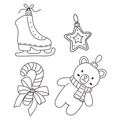 Winter holiday decorations featuring a skating shoe, a star ornament, a candy cane, and a teddy bear with a scarf
