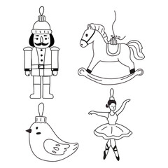 Decorative holiday ornaments featuring a nutcracker, rocking horse, ballet dancer, and bird in simple line art style
